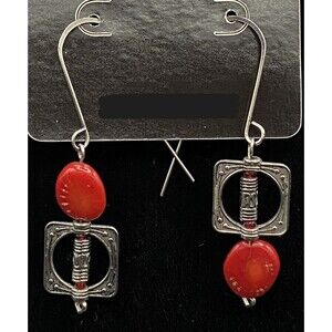Handmade Asymmetrical Square Red Coral & Red Glass Bead Earrings by Neanie-Bot